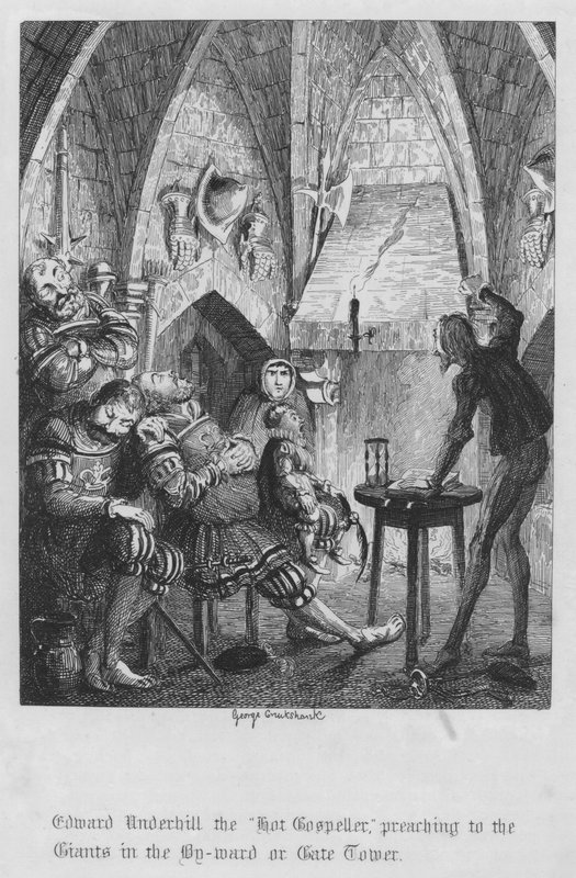 Edward Underhill "Hot Gospeller", kázání obrům v By-ward nebo Gate Tower (rytina) od George Cruikshank