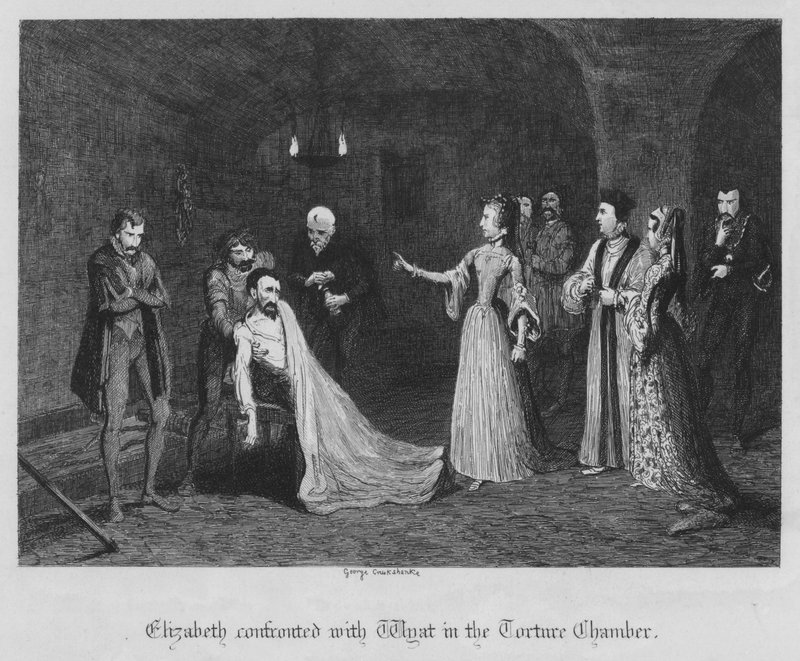 Elizabeth konfrontována s Wyatem v mučírně (rytina) od George Cruikshank