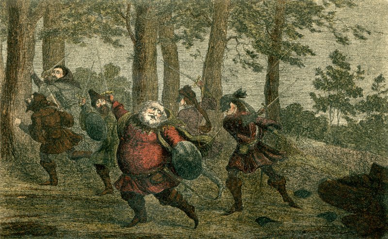 Falstaff se potí k smrti a při chůzi snědí hubenou zem. od George Cruikshank