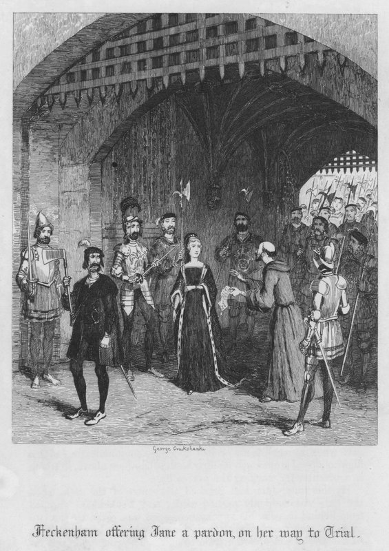 Feckenham nabízí Jane odpuštění, na cestě k soudu (rytina) od George Cruikshank
