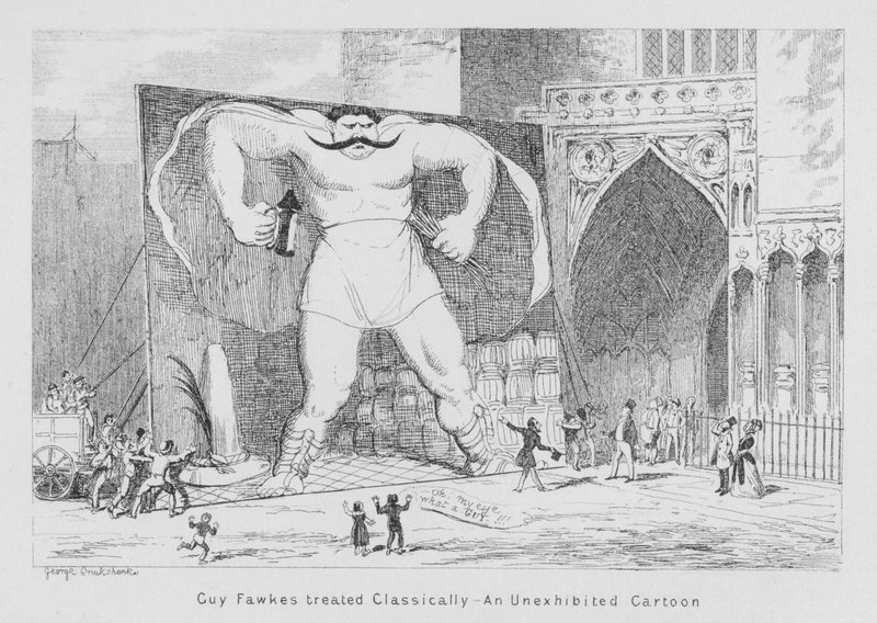 Guy Fawkes zpracován klasicky, nevystavená karikatura (rytina) od George Cruikshank