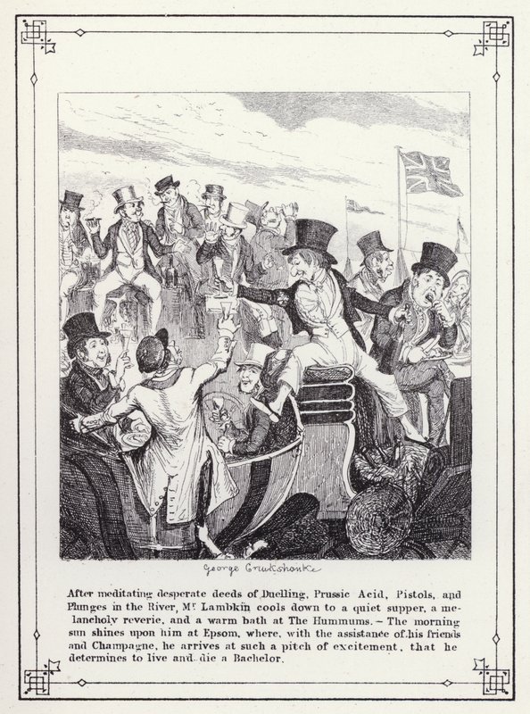 Ilustrace pro Bakalářskou vlastní knihu aneb Pokrok pana Lambkina (Gent) (rytina) od George Cruikshank