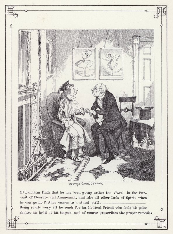 Ilustrace pro Bakalářskou vlastní knihu aneb Pokrok pana Lambkina (Gent) (rytina) od George Cruikshank