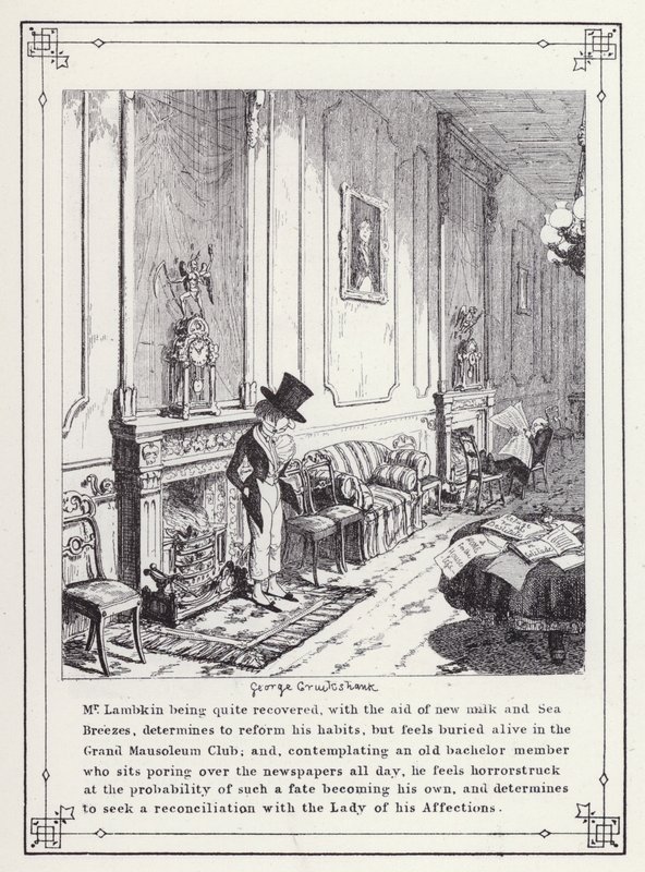 Ilustrace pro Bakalářskou vlastní knihu aneb Pokrok pana Lambkina (Gent) (rytina) od George Cruikshank