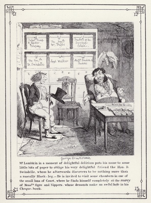 Ilustrace pro Bakalářskou vlastní knihu aneb Pokrok pana Lambkina (Gent) (rytina) od George Cruikshank