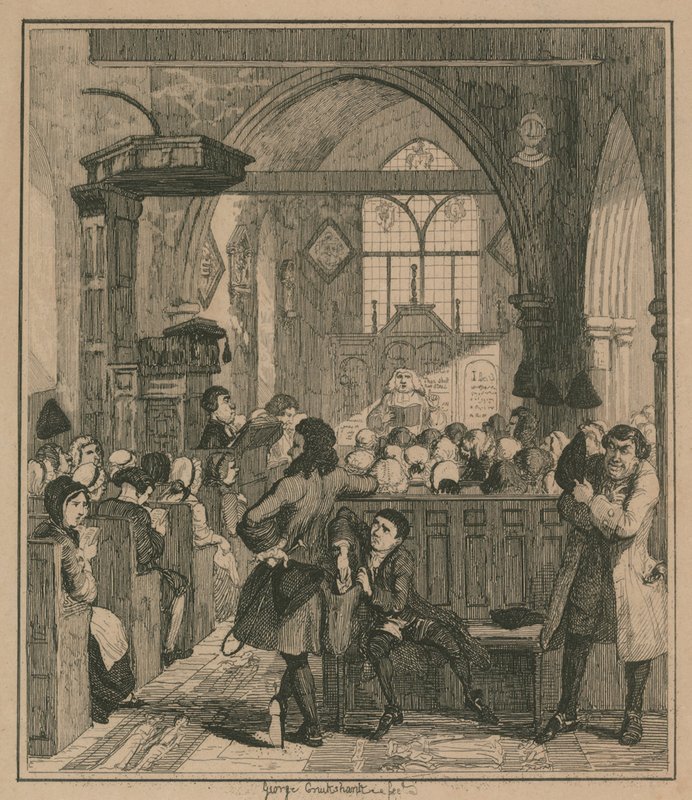 Jack Sheppard spáchá loupež v kostele Willesden od George Cruikshank