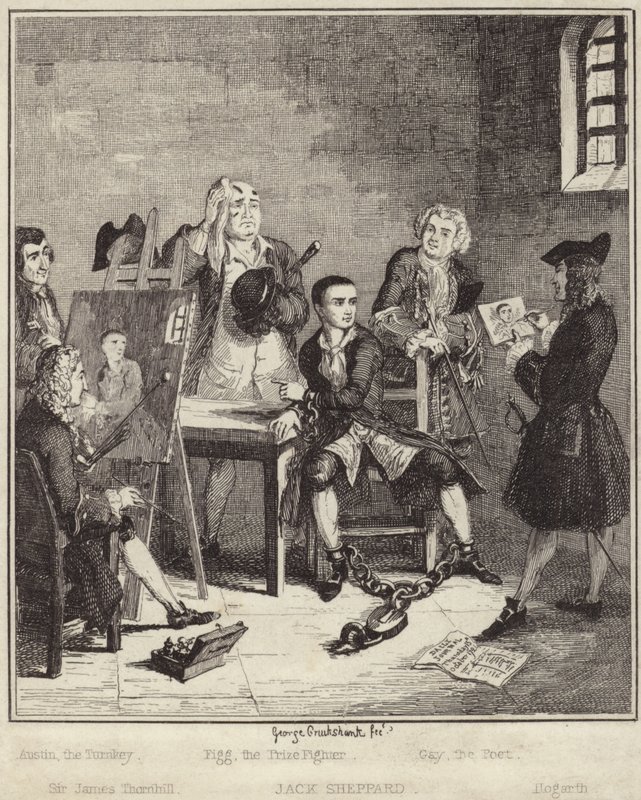 Jack Sheppard si nechal ve vězení namalovat svůj portrét od Sira Jamese Thornhilla od George Cruikshank