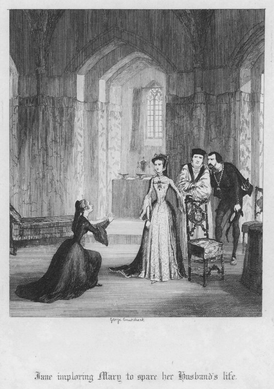 Jane prosí Mary, aby ušetřila život svého manžela (rytina) od George Cruikshank