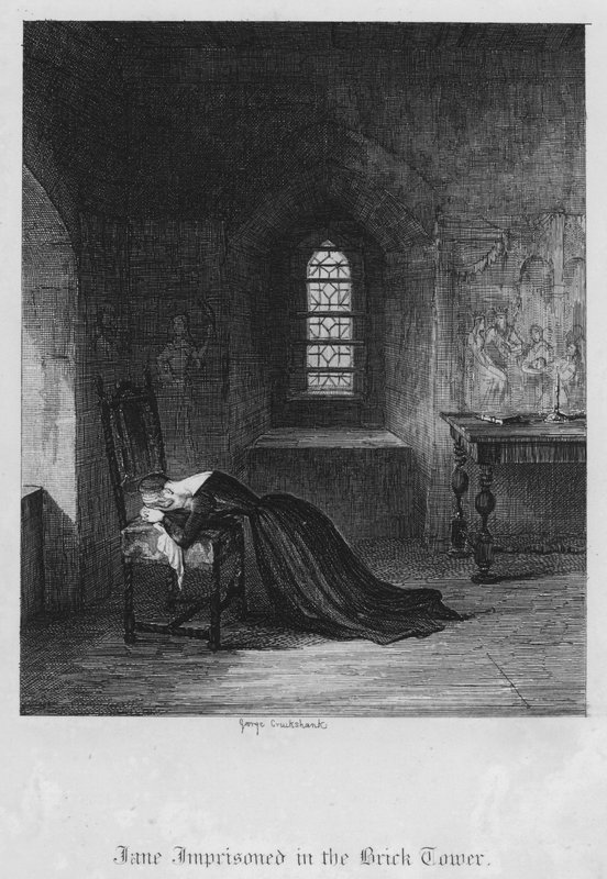 Jane uvězněná v cihlové věži (rytina) od George Cruikshank