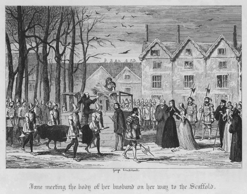 Jane se setkala s tělem svého manžela na cestě k lešení (rytina) od George Cruikshank