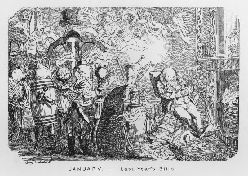 Leden, loňské účty (rytina) od George Cruikshank