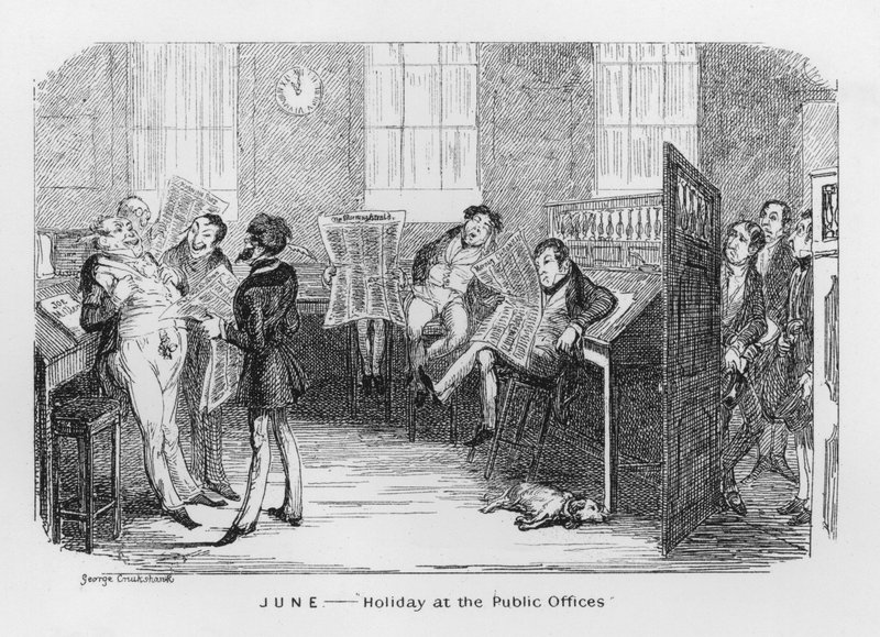 červen, svátek na úřadech (rytina) od George Cruikshank