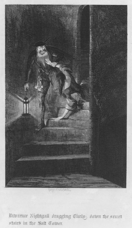Lawrence Nightgall táhne Cicely dolů po tajných schodech v Solné věži (rytina) od George Cruikshank