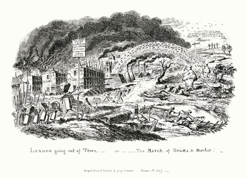 London Going Out of Town, aneb Pochod cihel a malty (rytina) od George Cruikshank