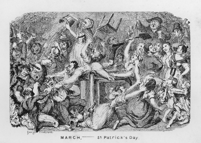 březen, den svatého Patrika (rytina) od George Cruikshank