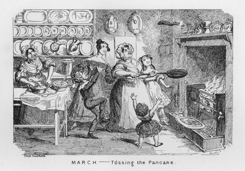 March, Tossing the Pancake (rytina) od George Cruikshank
