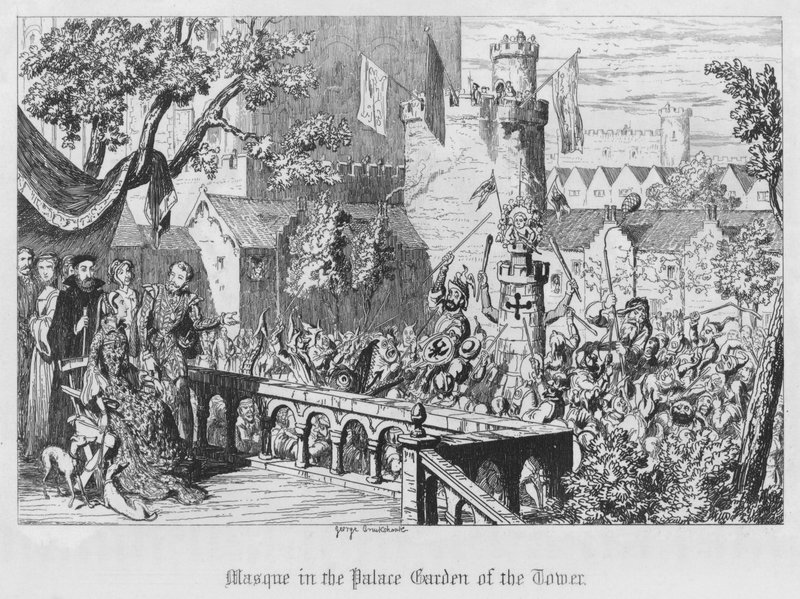 Maska v palácové zahradě věže (rytina) od George Cruikshank
