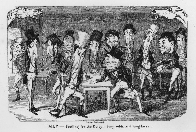 Květen, Vyrovnání se na derby, Dlouhé kurzy a dlouhé tváře (rytina) od George Cruikshank