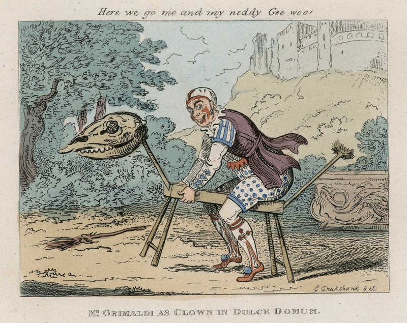 Pan Joseph Grimaldi jako klaun v Dulce Domum od George Cruikshank