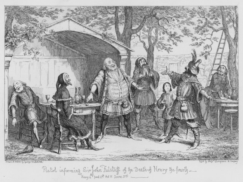 Pistole informující sira Johna Falstaffa o smrti Jindřicha čtvrtého od George Cruikshank