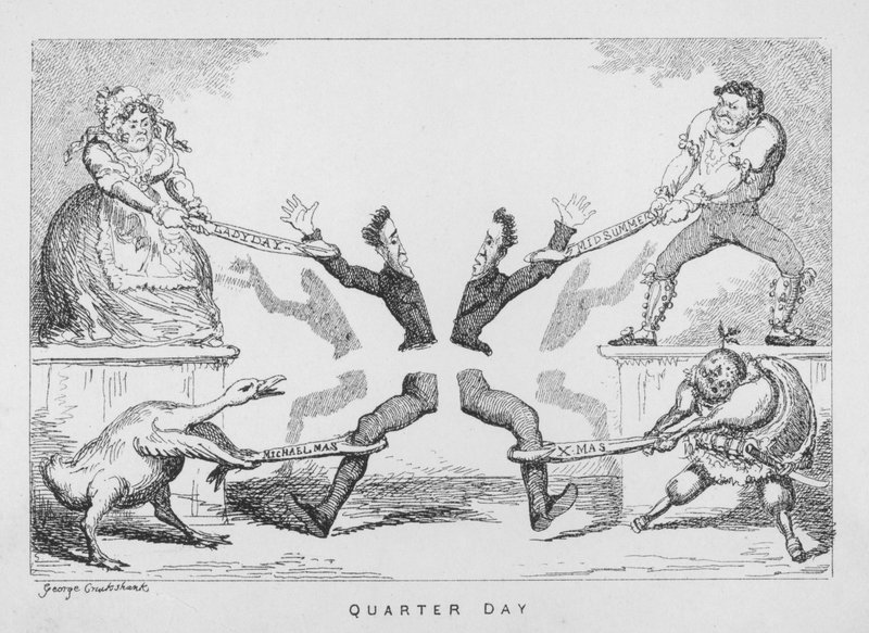 Čtvrtletí, Ladyday, Midsummer, Michaelmas, Xmas od George Cruikshank