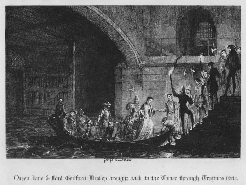 Královna Jane a lord Guilford Dudley přivedeni zpět do Toweru přes bránu zrádců (rytina) od George Cruikshank