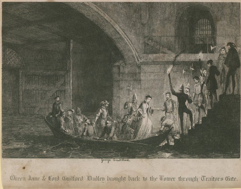 Královnu Jane a lorda Guilforda Dudleyho přivedli zpět do Toweru Bránou zrádců od George Cruikshank