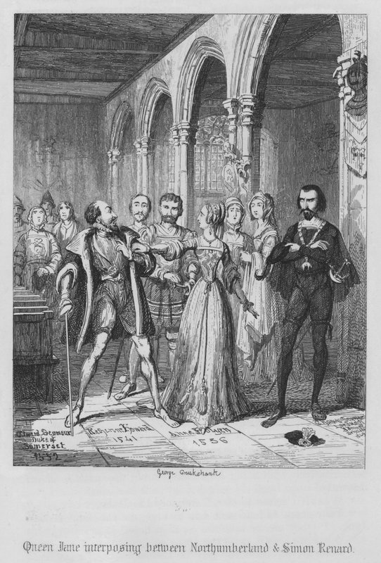 Queen Jane vstupující mezi Northumberland a Simon Renard (rytina) od George Cruikshank