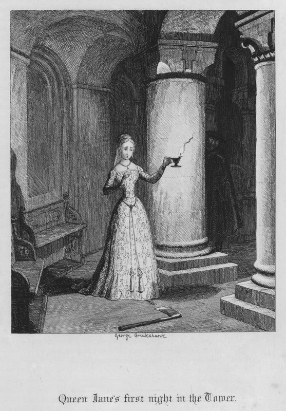 První noc královny Jany ve věži (rytina) od George Cruikshank