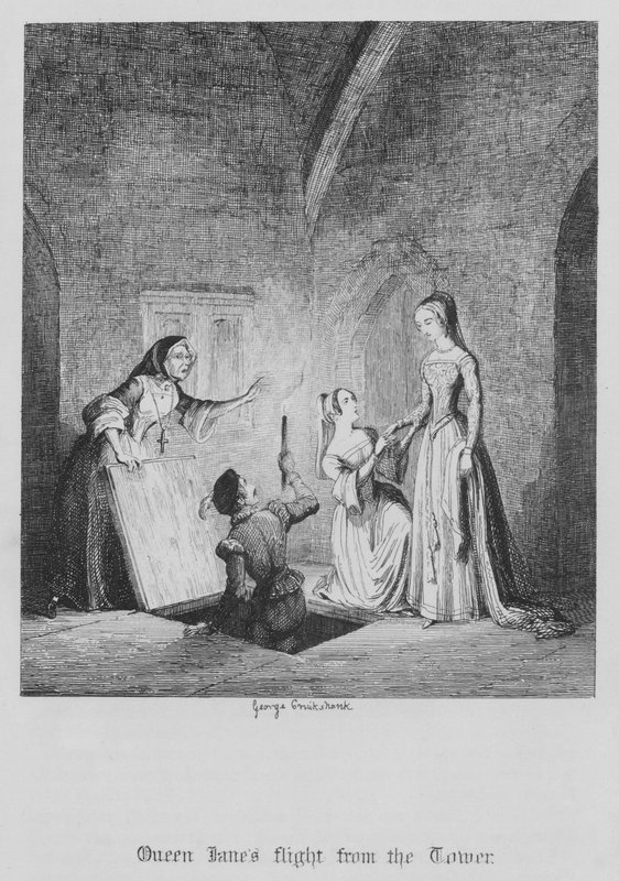 Let královny Jany z věže (rytina) od George Cruikshank