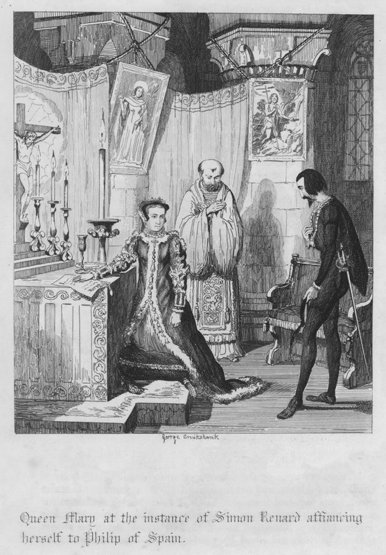 Královna Marie na příklad Simona Renarda, který se přiklonil k Filipovi Španělskému (rytina) od George Cruikshank