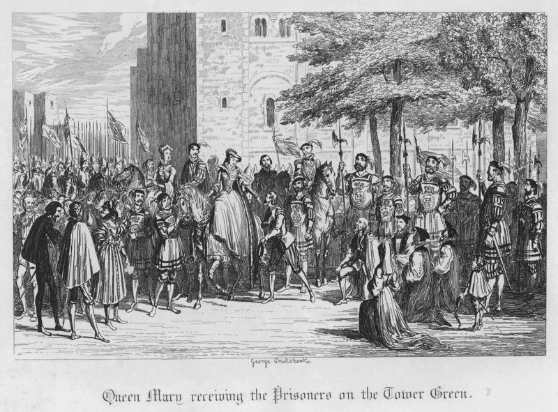 Queen Mary přijímá vězně na Tower Green (rytina) od George Cruikshank