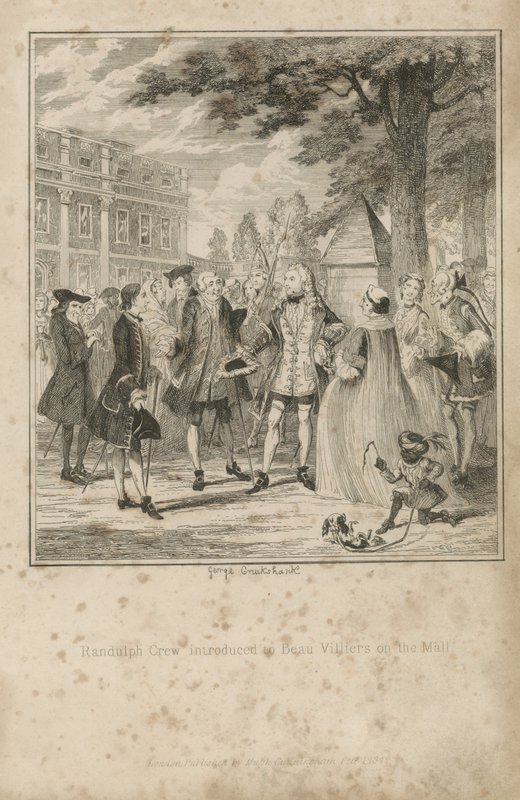 Randulph Crew představil Beau Villiers na Mall od George Cruikshank