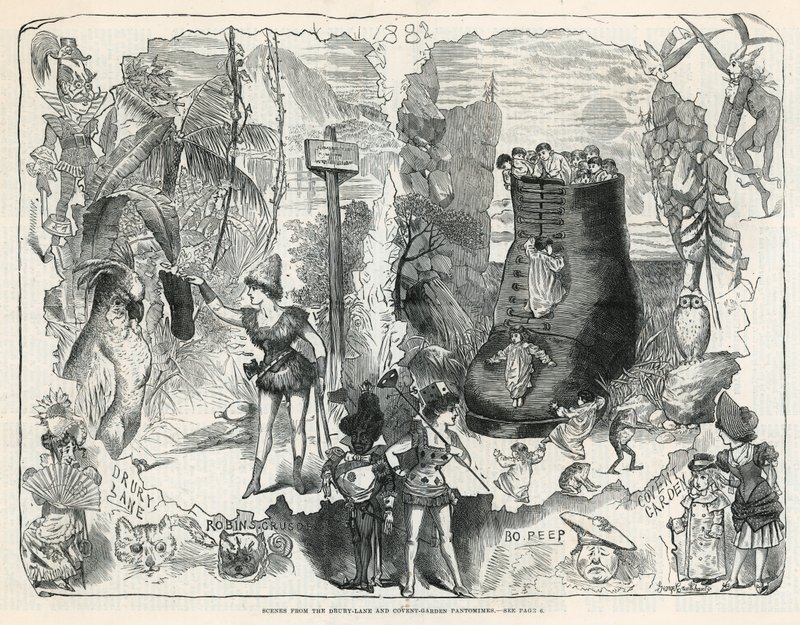 Scény z pantomimy Drury Lane a Covent Garden od George Cruikshank