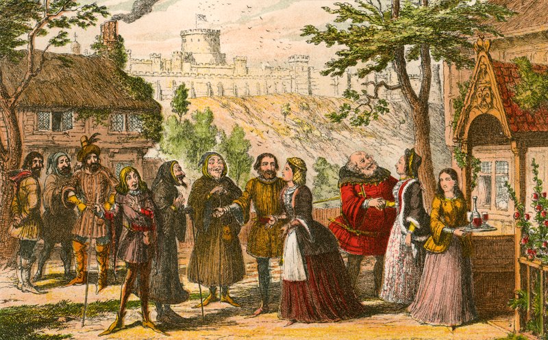 Sir John Falstaff na návštěvě u svého přítele Page ve Windsoru od George Cruikshank