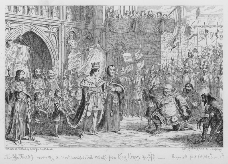 Sir John Falstaff obdržel nečekanou výtku od krále Jindřicha Pátého od George Cruikshank