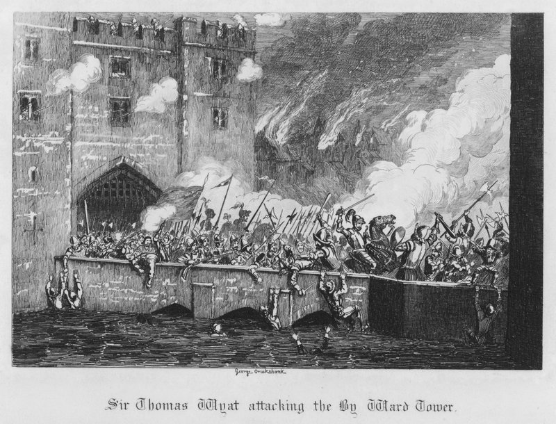 Sir Thomas Wyatt útočí na Byward Tower (rytina) od George Cruikshank