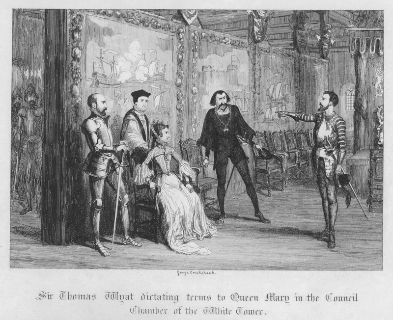 Sir Thomas Wyatt diktuje podmínky královně Marii v Radní síni Bílé věže (rytina) od George Cruikshank