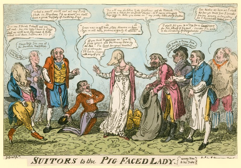 Kravaťáci dámy s prasečí tváří z Manchester Square, Londýn od George Cruikshank