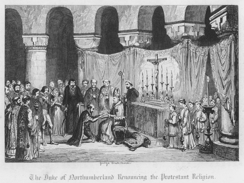 Vévoda z Northumberlandu se vzdává protestantského náboženství (rytina) od George Cruikshank