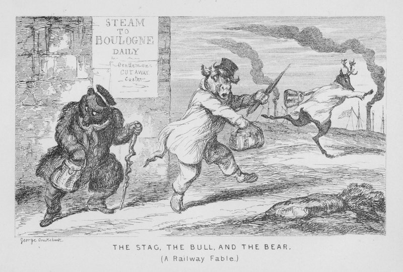 Jelen, býk a medvěd, železniční bajka (rytina) od George Cruikshank