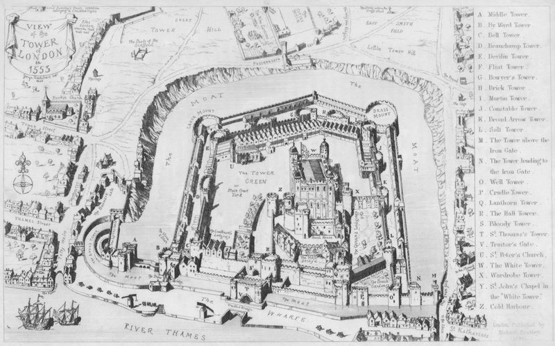 Pohled na Tower of London v roce 1553 (rytina) od George Cruikshank