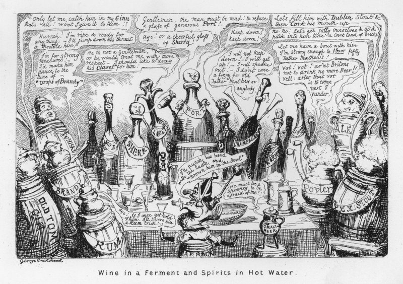 Víno v kvasu a lihoviny v horké vodě (rytí) od George Cruikshank
