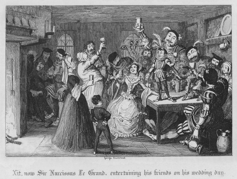 Xit, nyní sir Narcissus Le Grand, baví své přátele v den svatby (rytina) od George Cruikshank