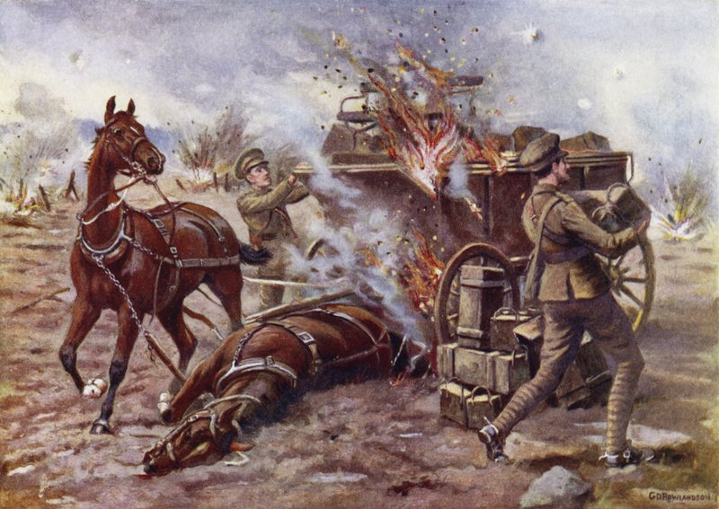 Zastupující Bombardier H A Creasey pomáhá vykládat hořící muniční vůz pod velmi silnou palbou granátů, Potijze, poblíž Ypres, 25. dubna 1915 od George Derville Rowlandson