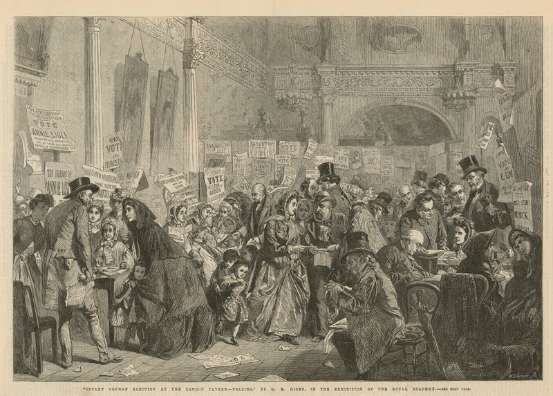 Volby sirotků v London Tavern (rytina) od George Elgar Hicks