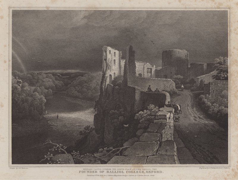 Barnard Castle, Durham, rodiště Johna Balliola, zakladatele Balliol College, Oxford (rytina) od George Fennel (after) Robson