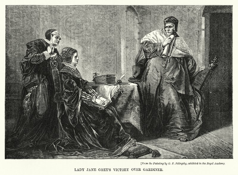 Vítězství lady Jane Greyové nad Gardinerem (rytina) od George Frederick Folingsby