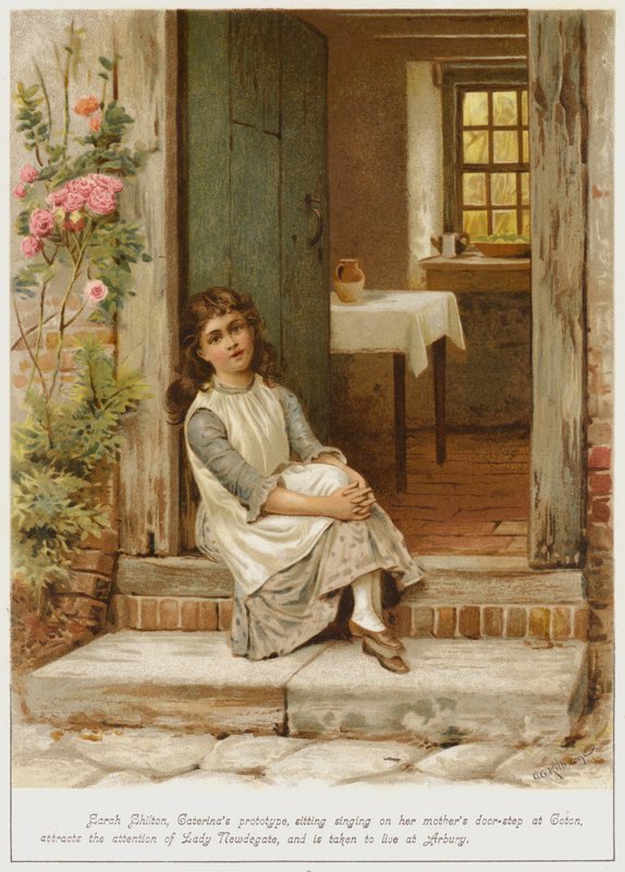 Sarah Shilton, prototyp Caterinas, sedící a zpívající na prahu svých matek v Cotonu, přitahuje pozornost lady Newdegate a je převezena do Arbury. od George Goodwin Kilburne