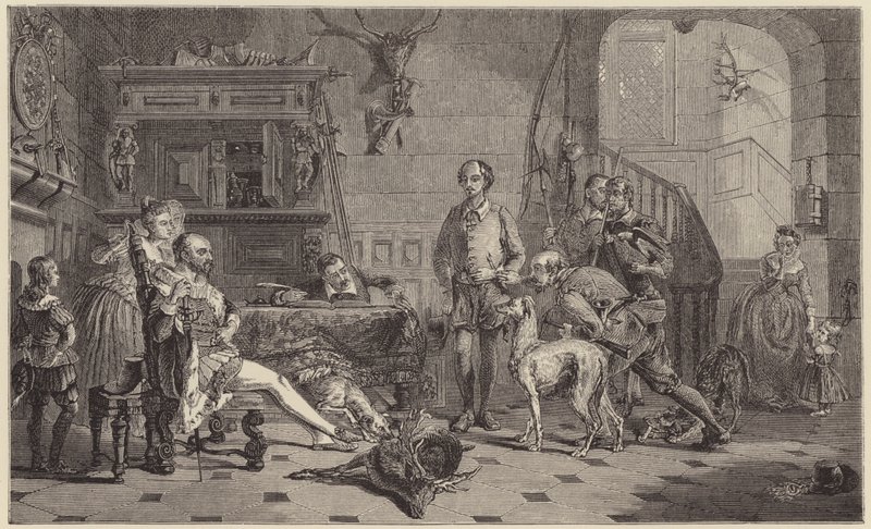 Shakespeare přivedl před sira Thomase Lucyho za pytláctví jelenů. (rytina) od George Harvey